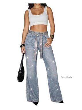 Rhinestone High Waisted Wide Leg Jeans Stretch Denim Pants with Belt